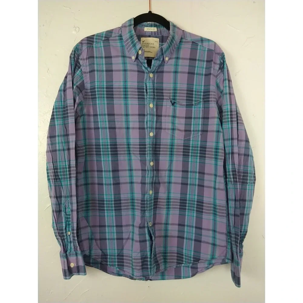 American Eagle Outfitters‎ Button Down Shirt Mens M Purple Plaid Athletic Fit...